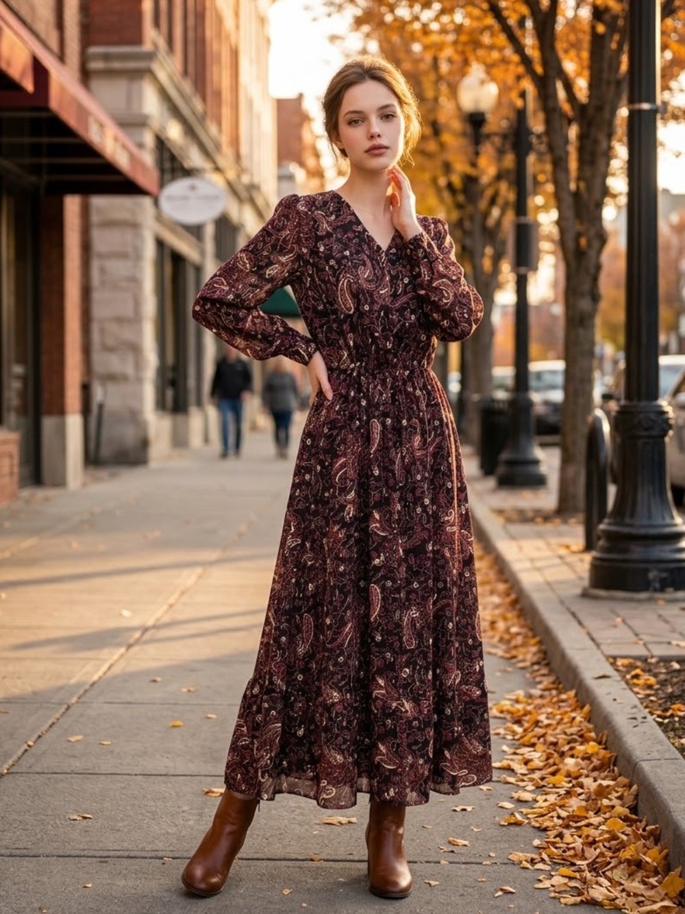 & Other Stories Paris Atelier Paisley Long Sleeve Dress in Burgundy - Picture 2 of 9